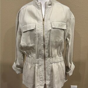 Ellen Tracy Cream Utility Jacket with Full-Length Zipper and Elasticated Waist